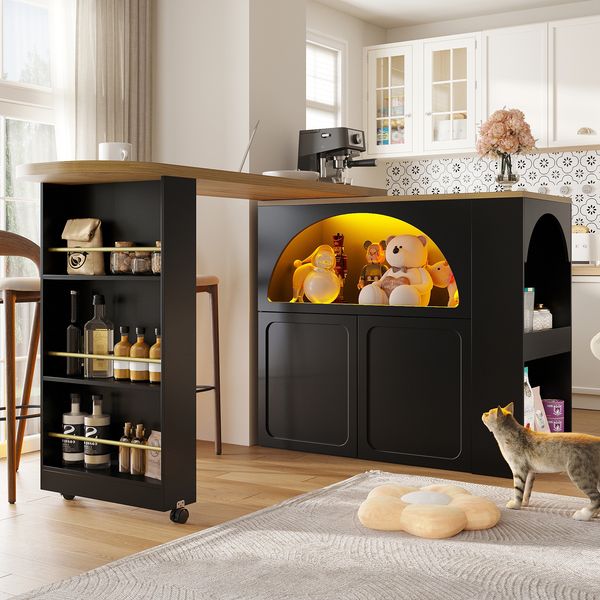 Bartisch B 135-205 x T 39 x H 100 cm, mobil, LED-Beleuchtung, USB, schwarz, MDF