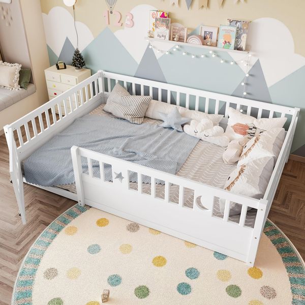 Ball & Cast Bodenbett (140x190 cm), Kids Bed und Jugendbett mit Stern- & Monddekoration, Kinderbett 90x200 mit rausfallschutz, Weiß