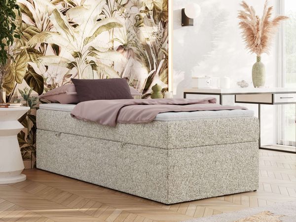 Boxspringbett 90x200 Polsterbett ZERO 90 Einzelbett ohne Kopfteil, inkl. Stauraum & Multipocket-Matratze, Hotelbett - Beige Strukture - H3 - Topper Visco