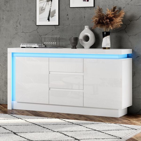 BlingBin Sideboard Hochglanz Kommode Anrichte Beistelltisch Buffetschrank mit LED (Aufbewahrungsschrank mit 3 Schubladen und 2 Türen, Verstellbaren Einlegeböden, 1 St, Gesamtabmessungen: 140*35*72cm, Gewichtskapazität: 40kg), Komodenschrank für Esszimm...