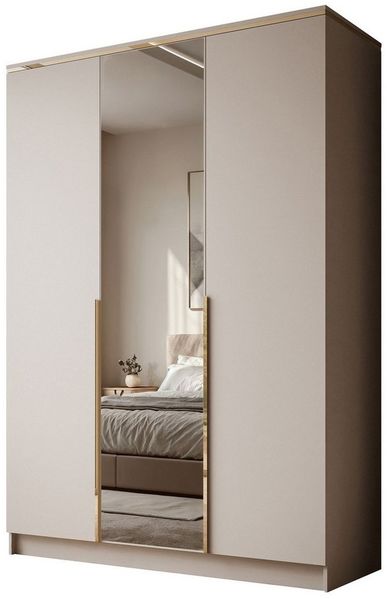 Lookway Kleiderschrank AURORA 3D KASCHMIR mit Spiegel Drehtürenschrank mit 3 Türen (Kleiderschrank mit stilvoller Umrandung in Goldoptik) 150 x 213 x 55