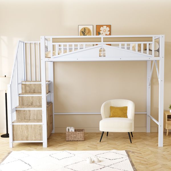 Hochbett 90x200 cm aus Metall und Holz mit Sicherheitsgitter, Fensterdesign, Stauraumtreppe und Weiß, ohne Matratze