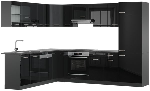 Eckküche R-Line Schwarz Hochglanz/Anthrazit 287 x 46 cm ohne Arbeitsplatte Vicco