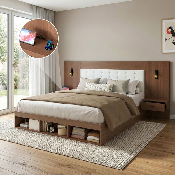 Doppelbett 180*200cm, Stauraumbett, holzbett, Jugendbett, mit USB& Type-C-Ladestation und Leselampe, mit 2 Nachttische, Walnussholzfarbe