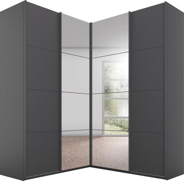 Rauch Möbel Quadra Schrank Eckschrank Schwebetürenschrank, Grau, 4-trg. mit Spiegel, inkl. 2 Kleiderstangen, 12 Einlegeböden, BxHxT 181 x 229 x 187 cm