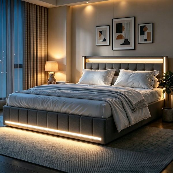 Simurq Polsterbett 180 x 200 cm Doppelbett mit LED Beleuchtung und Ladefunktion (LED, Ladestation, in 2 Größen verfügbar), Jugendbett 4 Schubladen Stauraumbett