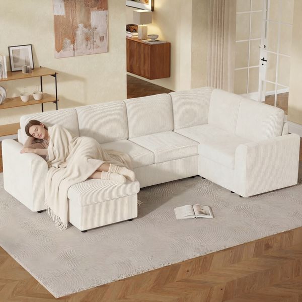 Ecksofa aus Cordstoff 282x153x85 cm mit Stauraumhocker, beige