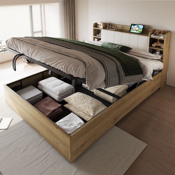 Merax Doppelbett, 180 x 200 cm, Holzbett, Hydraulisches Bett, Kopfteil mit Stauraum, Ausgestattet mit USB-Anschluss und Tape-C-Steckdose, (ohne Matratze) Holzfarbe