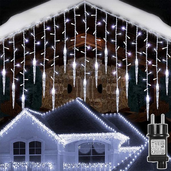 Rosnek LED-Lichtervorhang Eiszapfen-Anhänger, 8 Modi, Timer, für Traufe Weihnachtsdeko, Memory-Funktion, anschließbar, Niedrige Spannung, 96 LEDs, 3.5M