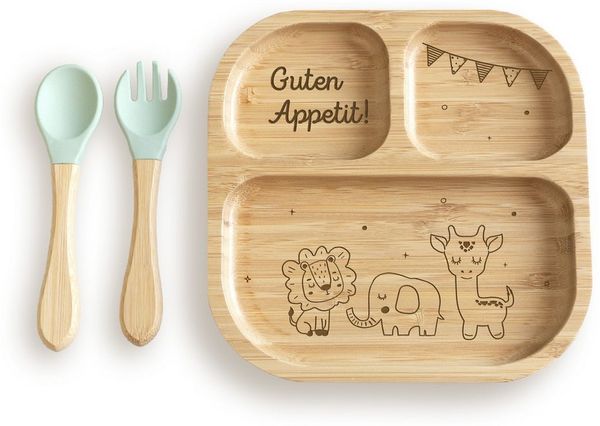 hellomini Kindergeschirr-Set Babyteller "Safari" Bambus Teller mit mint Besteck (1-tlg), 1 Personen, Bambus, Silikon, BPA-frei, mit Motiv, rutschfest,Saugnapf, Montessori-Fächer