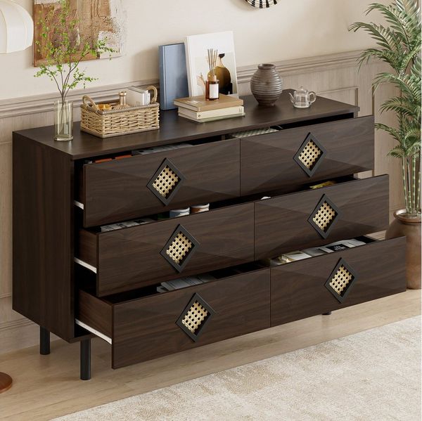 Merax Sideboard Aufbewahrungsschrank Anrichte mit Rattan-Griffen (1 St), Kommode mit 6 Schubladen, Stauraum & Metallbeine, 120x40x74cm