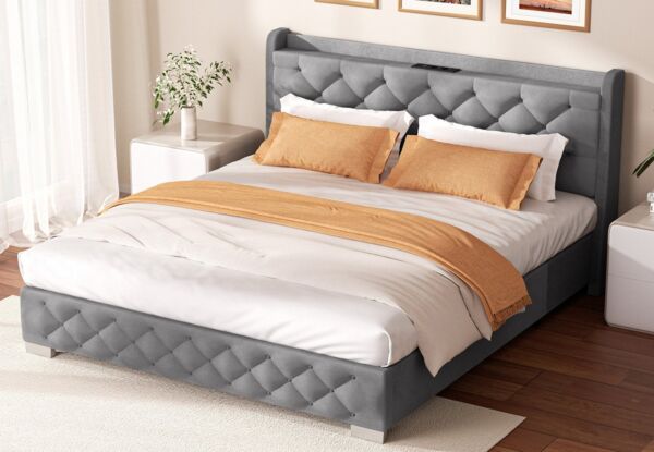 Lexzurn Polsterbett Polsterbett 140x200 cm Bett mit Lattenrost (Doppelbett mit gepolstertem Kopfteil, Einfache Montage, Robustes Gestell und Hochwertiger Leinenstoff), wählen Sie Größe und Farbe! Kostenlose Lieferung!