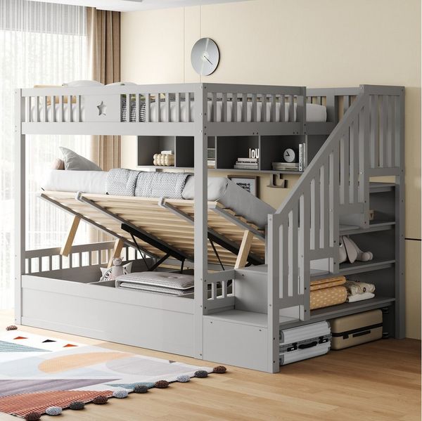 Merax Etagenbett mit hydraulischem Unterbett (1-St, Stockbett Jugendbett Doppelbett Hochbett aus Massivholz), Kinderbett 140x200cm mit Stauraumtreppe, Regalen & Sicherheitsgeländer