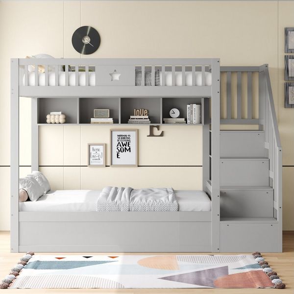 Merax Etagenbett mit hydraulischem Unterbett (1-St, Stockbett Jugendbett Doppelbett Hochbett aus Massivholz), Kinderbett 140x200cm mit Stauraumtreppe, Regalen & Sicherheitsgeländer