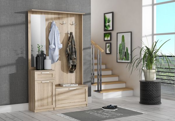 Forte NIKO Garderobe 110, Skandi-Garderobenpaneel, 1-türig, 2 Schubladen, Spiegel, Haken, Flur, Sonoma Eiche Holzdekor, 110,9 cm breit x 181,5 cm hoch x 29,6 cm tief