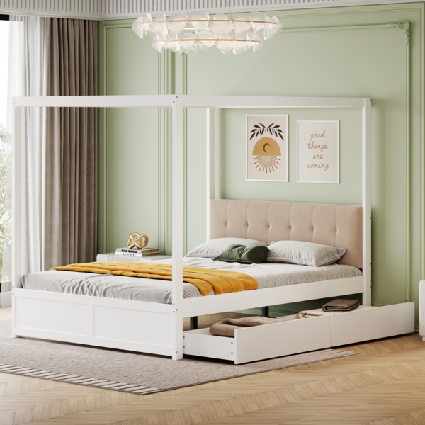 Zeltbett 140×200 cm mit gepolsterter Rückenlehne und 2 Schubladen –Weiß,Holz/Metall