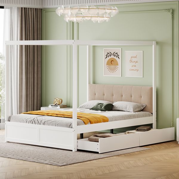 Zeltbett 140×200 cm mit gepolsterter Rückenlehne und 2 Schubladen –Weiß,Holz/Metall