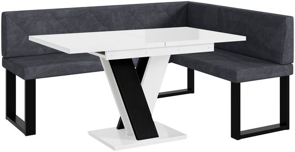 MEBLINI Eckbank für Esszimmer mit ausziehbarem Tisch - Küchenbank - Essecke - Sitzecke Küche - ERIC - U-Beine 128x168x87cm Rechts - Dunkelgrau Samt/M Weiß-Schwarz Hochgl.