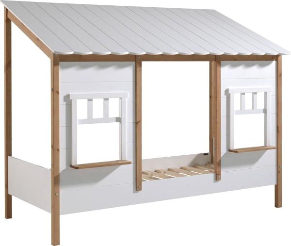 Vipack Landhausbett mit Dach 90 x 200 cm, Oak/Weiß, inkl. Lattenrost, teilmassiv Kiefer