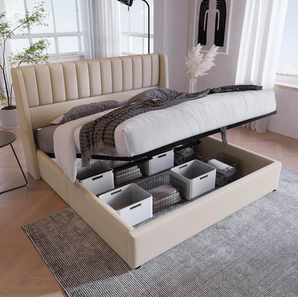 Polsterbett 140x200 cm mit hydraulischem Bettkasten aus Leinen in Beige – modernes Stauraumdesign