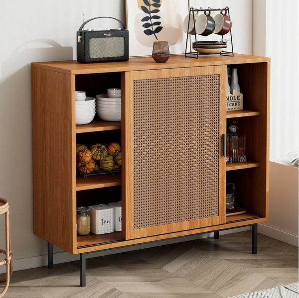 Flieks Sideboard mit 2 Rattan-Schiebetüren (100x37x90 cm, 1 St), Küchenschrank Kommode Aufbewahrungsschrank Wohnzimmer