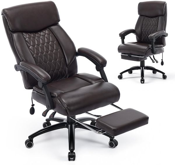COLAMY Ergonomischer Chefsessel mit Fußstütze, gepolsterten Hochklapparmen und Kippverstellung für langes Arbeiten im Homeoffice, Braun