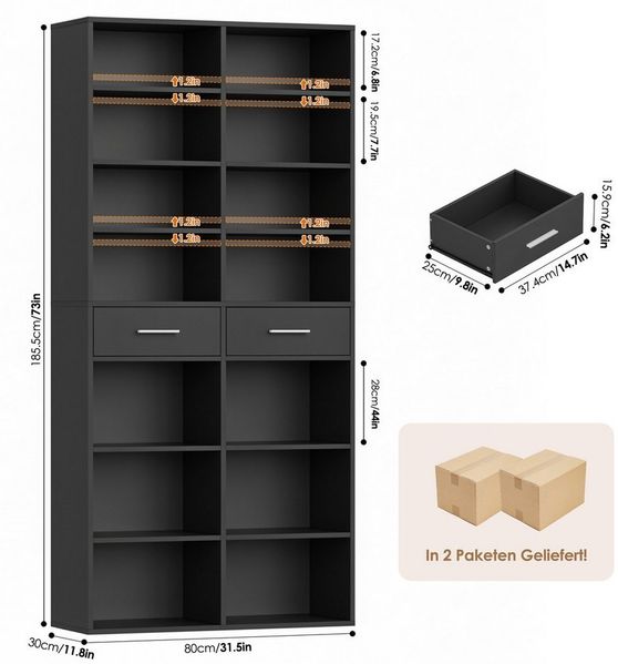 HOMECHO Bücherregal, 185,5 cm hoch Standregal mit 8 Ebenen und 2 Schubladen