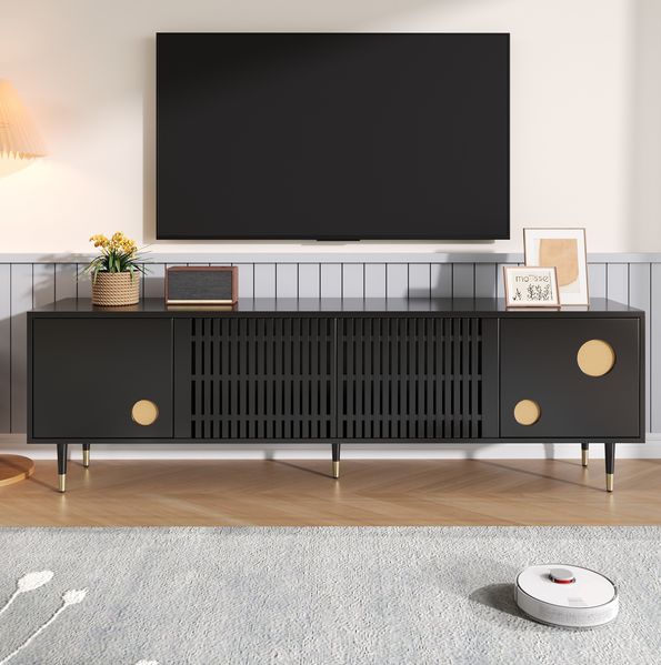 Eleganter TV-Ständer aus MDF mit Gitterstruktur und Goldakzenten – Schwarz, 4 Türen, stabil und funktional, 170 x 36 x 54 cm