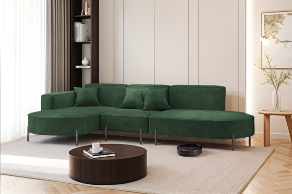 Ecksofa Designersofa VALENCIA in Stoff Noel Dunkelgrün Ottomane Links