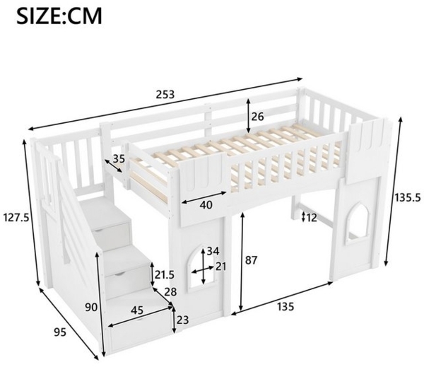 Flieks Etagenbett, Hochbett Fenster-Design 90x200cm mit Rausfallschutz und Stauraumtreppe Bild 4