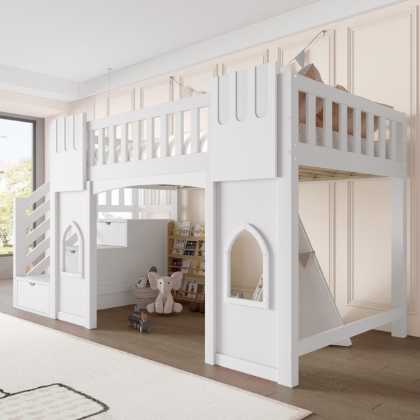 Flieks Etagenbett, Hochbett Fenster-Design 90x200cm mit Rausfallschutz und Stauraumtreppe Bild 3