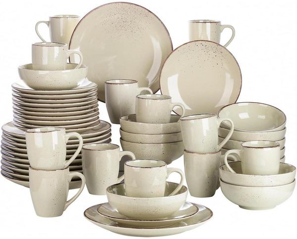 48-teiliges vancasso Navia Geschirrset Steingut Vintage Design Natur beige grün