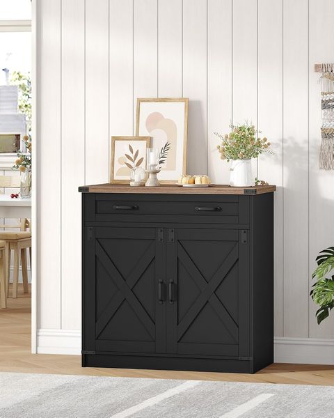Küchenschrank, Buffetschrank mit 1 Schublade, Sideboard mit 2 Türen, Verstellbare Einlegeböden, Landhausstil, Küche, Wohnzimmer, 40 x 80 x 80 cm, Schwarz-honigbraun