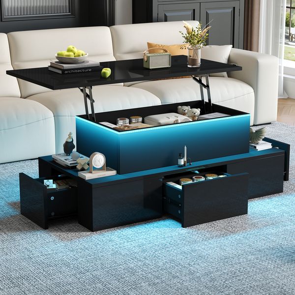Couchtisch 100 x 50 x 40 cm mit Liftfunktion, 4 Schubladen, LED, Hochglanzoberfläche und verstecktem Stauraum