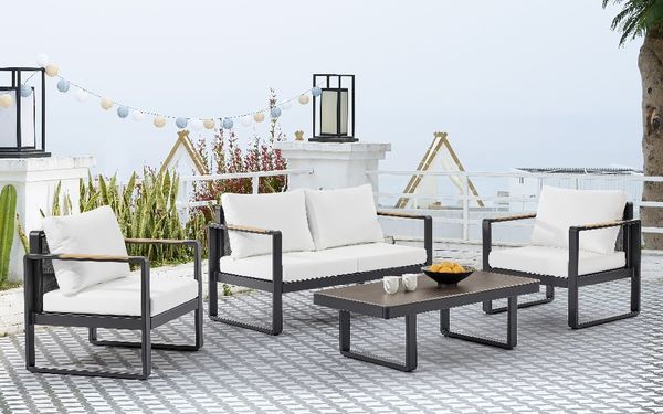 12tlg. Gartenmöbel Lounge-Set aus Aluminium - Schwarz mit Teakholz