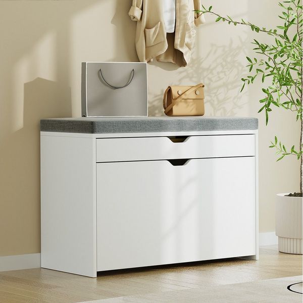 VOWNER Schuhschrank mit Klappen – Schmaler Schuhregal, Sitzbank mit Kissen, verstellbar (1-St) 81 × 31 × 55 cm, Weiß