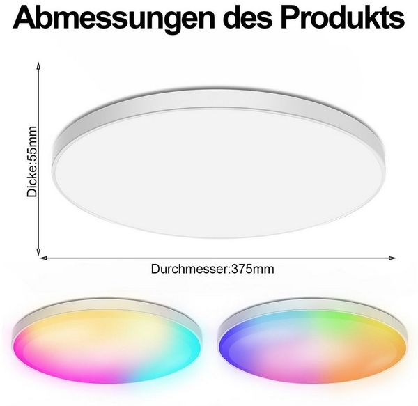 Sunicol Deckenleuchte Smart LED Deckenlampe Farbwechsel, 30W/48W,RGB+CCT, Dimmbare, Timer, LED wechselbar, RGB+CCT