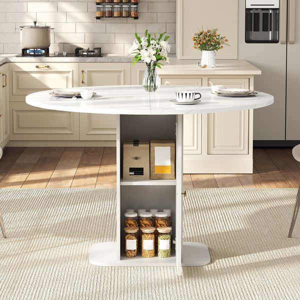 Runder Bartisch mit Stauraum für 2-4 Personen, Kleiner Esstisch in Marmoroptik, Küchentisch mit Riffelglas-Tür & Regal, 80 x 80 x 75 cm, Weiß