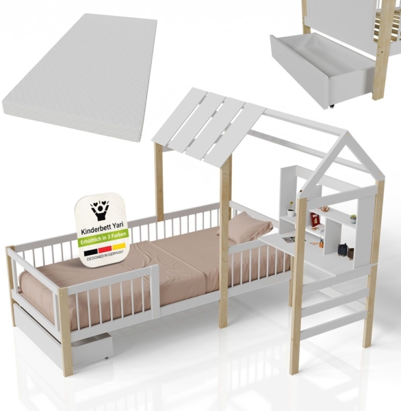 Juskys Kinderbett Yari 90x200 cm - Integrierter Schreibtisch, Praktische Schublade, Massiver Kieferrahmen, inklusive Matratze - weiß/natur