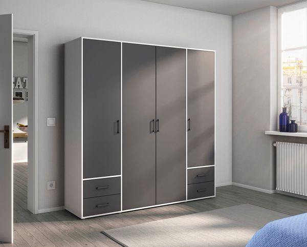 Rauch Möbel 'Voyager' Kleiderschrank, Holz, Grau Metallic | Weiß, Zubehör Basic, Breite 187 cm | Ohne Spiegel