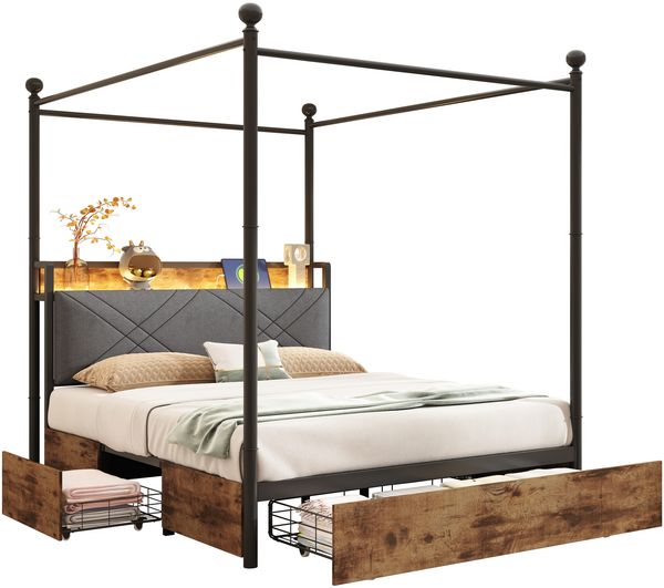 Multifunktionales Doppelbett140x190, mit Stauraum und Eisenbaldachin,mit abnehmbaren Bettpfosten mit LED-Beleuchtung und USB/Type-C Ladeanschlüssen sowie drei Schubladen,schwarz Bild 10