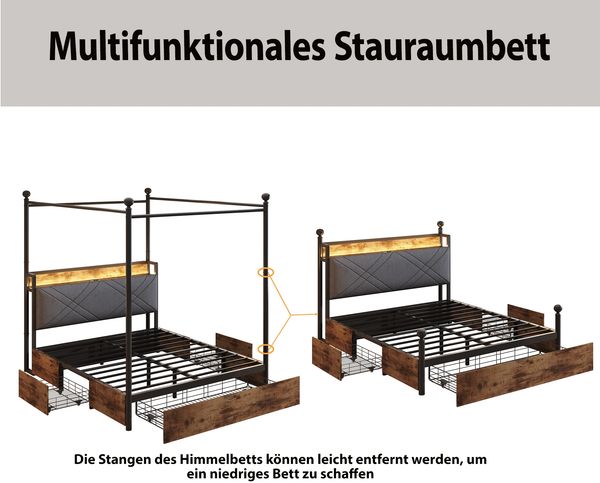 Multifunktionales Doppelbett140x190, mit Stauraum und Eisenbaldachin,mit abnehmbaren Bettpfosten mit LED-Beleuchtung und USB/Type-C Ladeanschlüssen sowie drei Schubladen,schwarz Bild 7