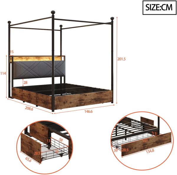 Multifunktionales Doppelbett140x190, mit Stauraum und Eisenbaldachin,mit abnehmbaren Bettpfosten mit LED-Beleuchtung und USB/Type-C Ladeanschlüssen sowie drei Schubladen,schwarz Bild 8