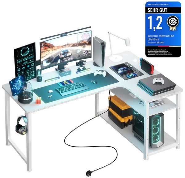 GTPLAYER Schreibtisch Gaming Tisch Eckschreibtisch mit Regal USB-Ladeanschluss und Steckdose (1 Tisch), 120/100cm Computertisch L Form, PC Tisch für Büro, Heimbüro