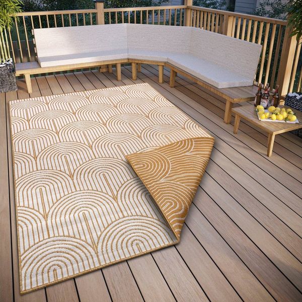 Hanse Home Pangli Outdoor Teppich Wetterfest – Wendeteppich Skandinavischer Boho Style Wasserfest Einfarbig Geometrisch 3D-Effekt für Garten, Balkon, Terrasse, Wohnzimmer – Ocker, 120x170 cm