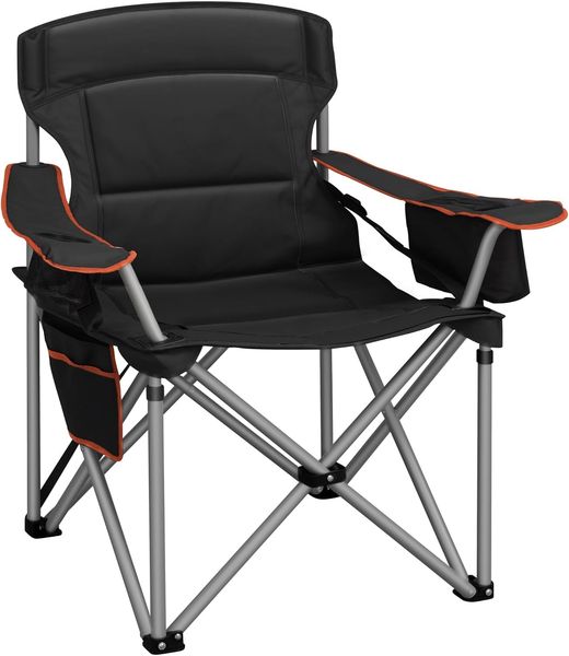 Campingstuhl, 220 KG Campingstuhl Faltbar mit Kühltasche, Getränkehalter, Tragetasch, Hochlehner Bequem Gepolste, Anglersessel Klappstuhl Garten Balkon Strand, Schwarz und Orange