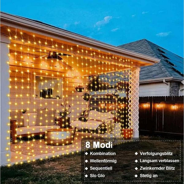 Qualra LED-Lichtervorhang 100/200/300LEDs 8 Modi Lichtervorhang Fenster Innen Weihnachten, 3x1M/3x2M/3x3M USB mit Fernbedienung Vorhang Lichterkette