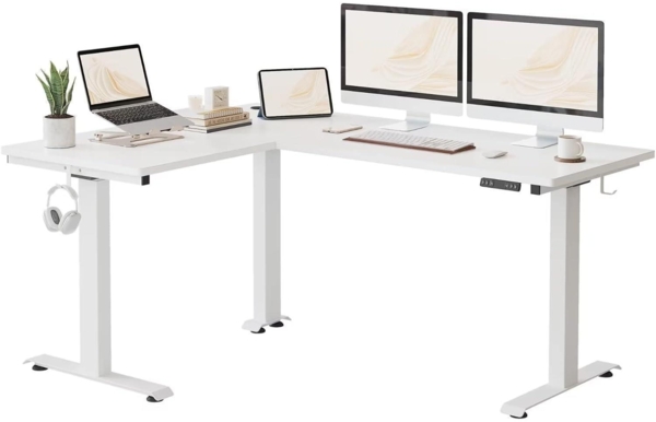 Höhenverstellbarer L-Form Schreibtisch 160x120cm Weiß Rahmen/Tischplatte