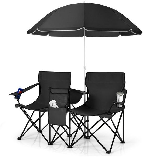 COSTWAY Campingstuhl, mit Sonnenschirm, Getränkehalter & Kühltasche, faltbar