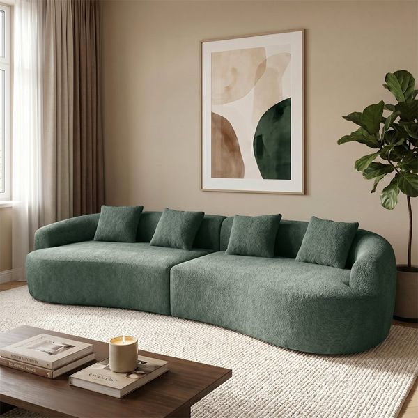 skølm 'Loki' Sofa 2 Sitzer, Vollschaumcouch mit Federkern und Vakuum-Kompression, kein Aufbau erforderlich, mit 2 Kissen, Teddy-Bouclé-Stoff in dunkelgrün
